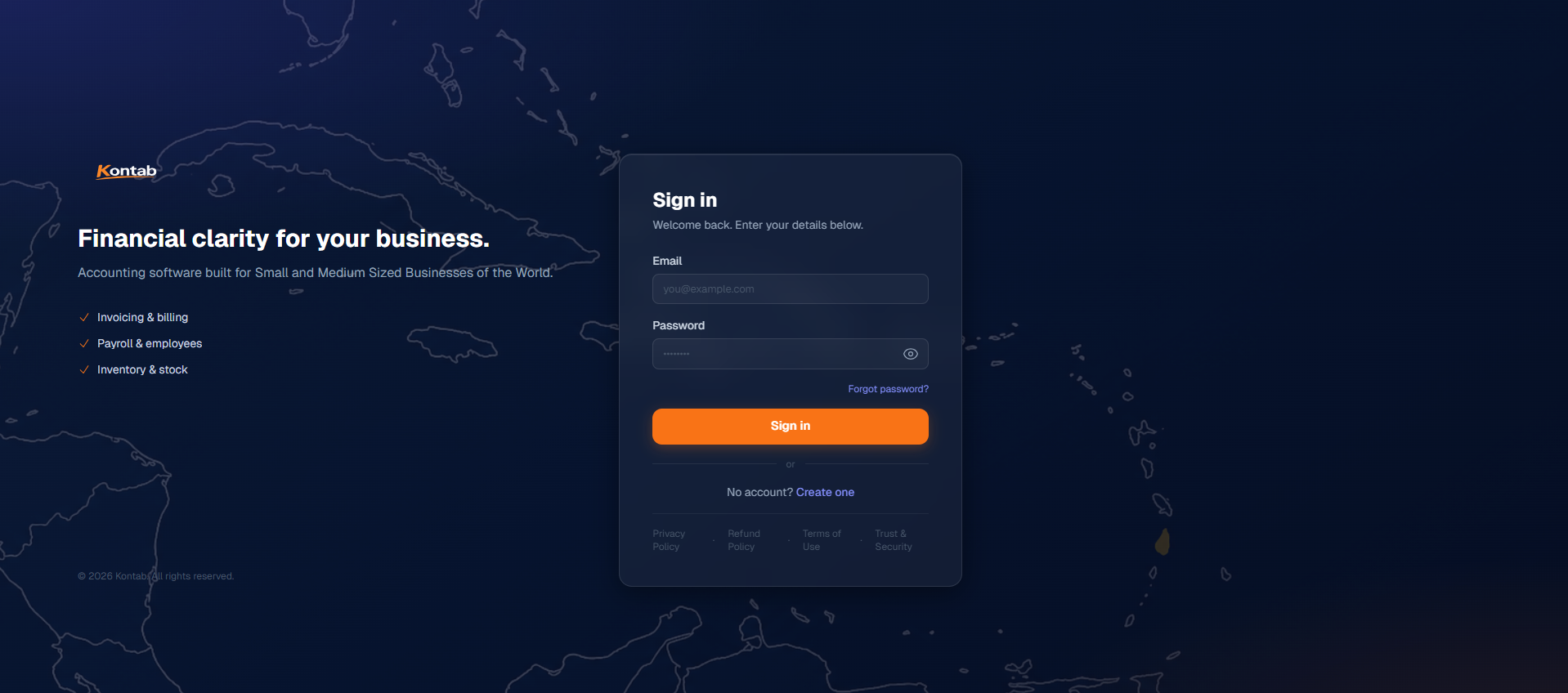 Kontab login screen